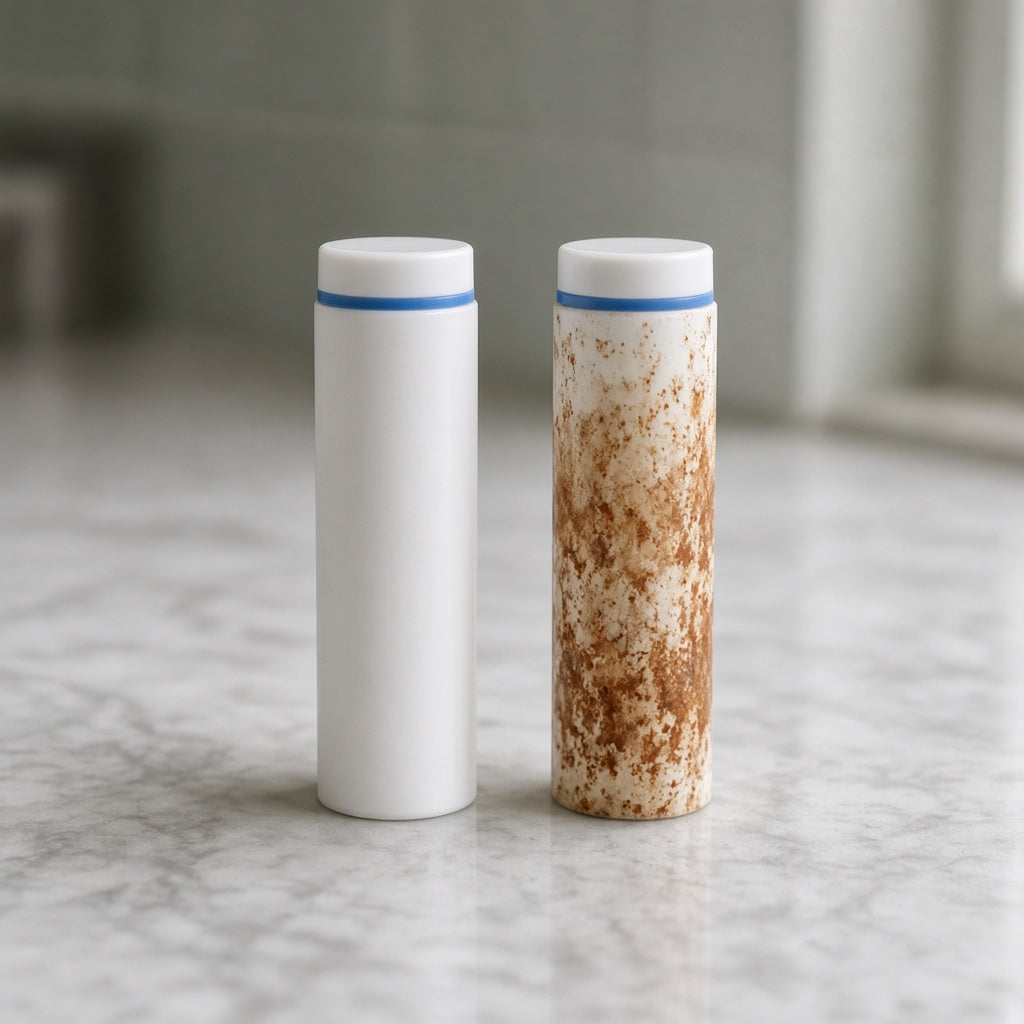 A new Gritcatch filter cartridge next to one stained with sediment