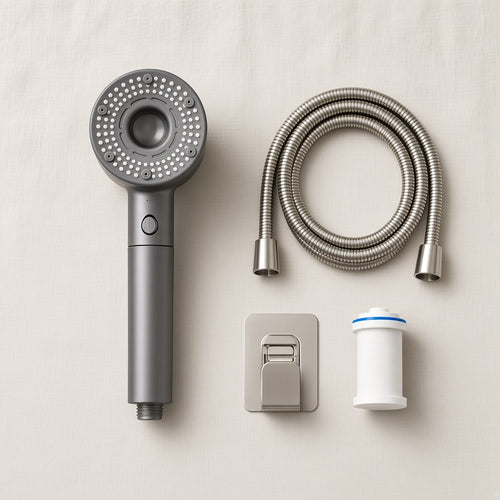 Gritcatch kit with shower head, hose, holder, and filter cartridge