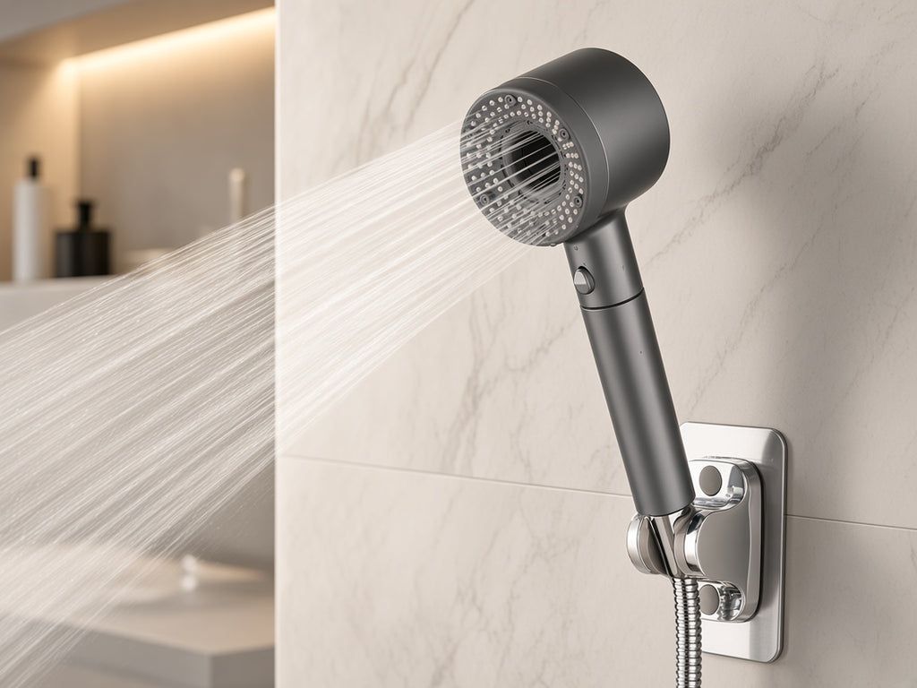 Gritcatch shower head spraying in a tiled shower